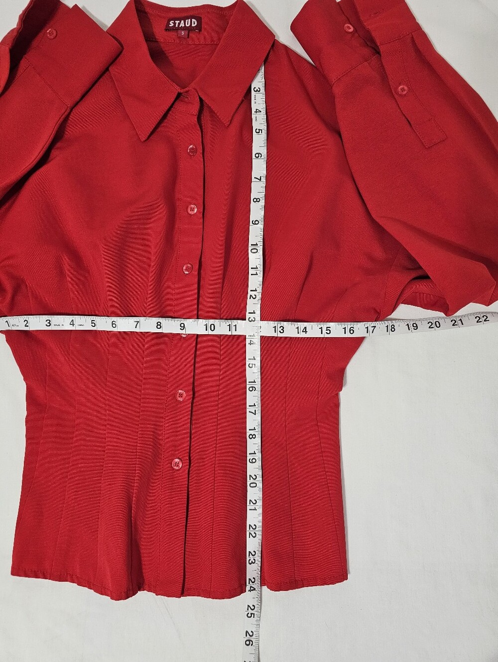 STAUD Red Structured Button Front Blouse Sz S Statement Collar Cinched Waist Top - Picture 9 of 9
